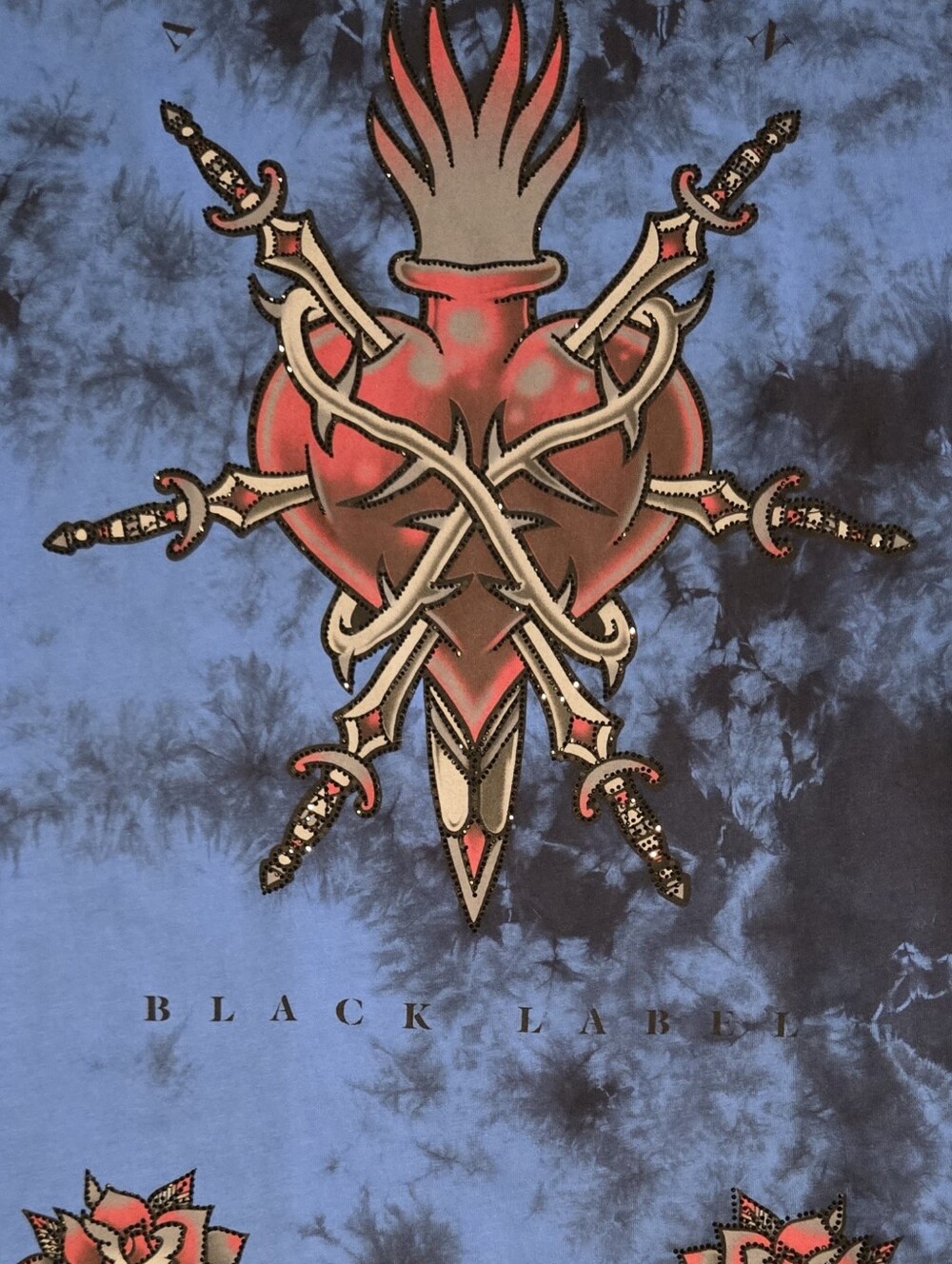 Affliction Black Label Blue Tie-Dye Shirt with Red Heart and Dagger Graphic